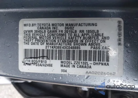 2003 Toyota Matrix Xr from USA, damaged, VIN 2T1KR38E43C048885